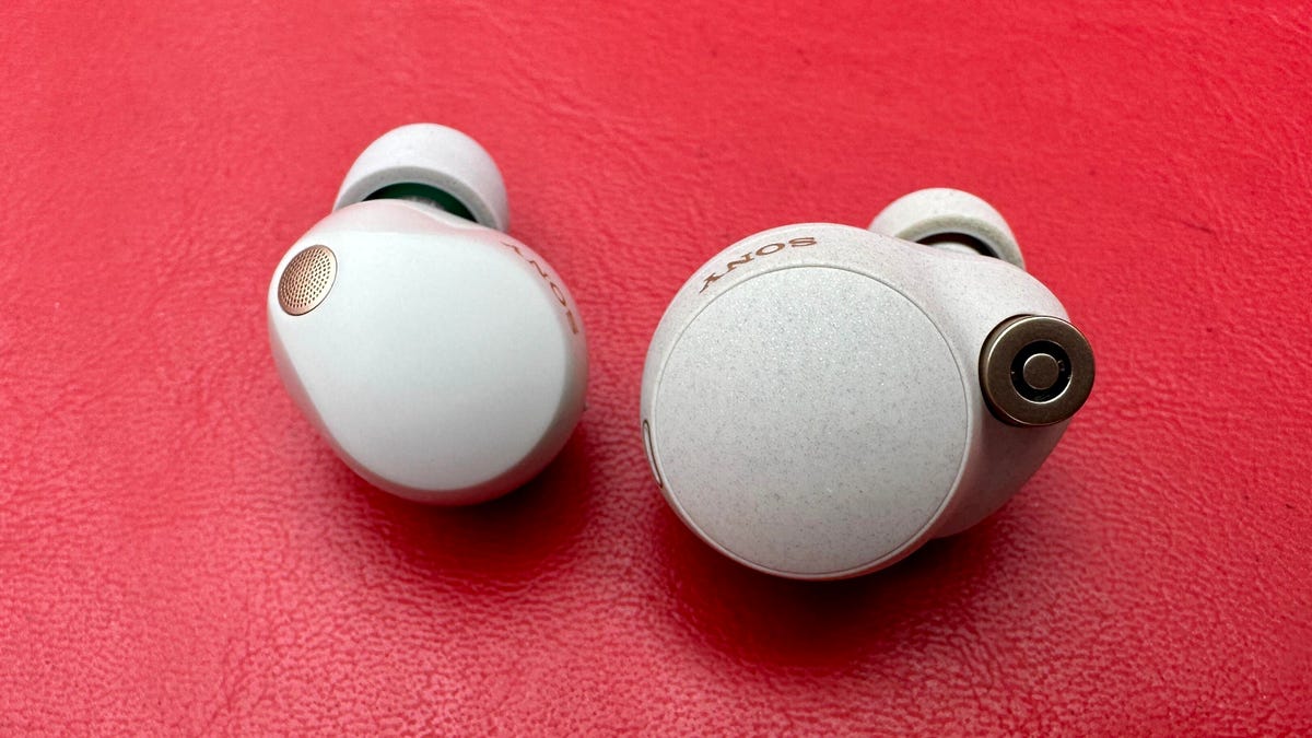 Close-up of Sony WF-1000XM5 earbud showing driver and memory foam tip