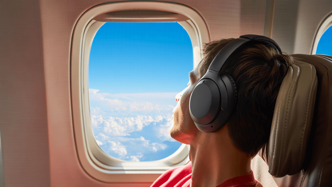 Traveler using Sony WH-1000XM6 headphones on airplane