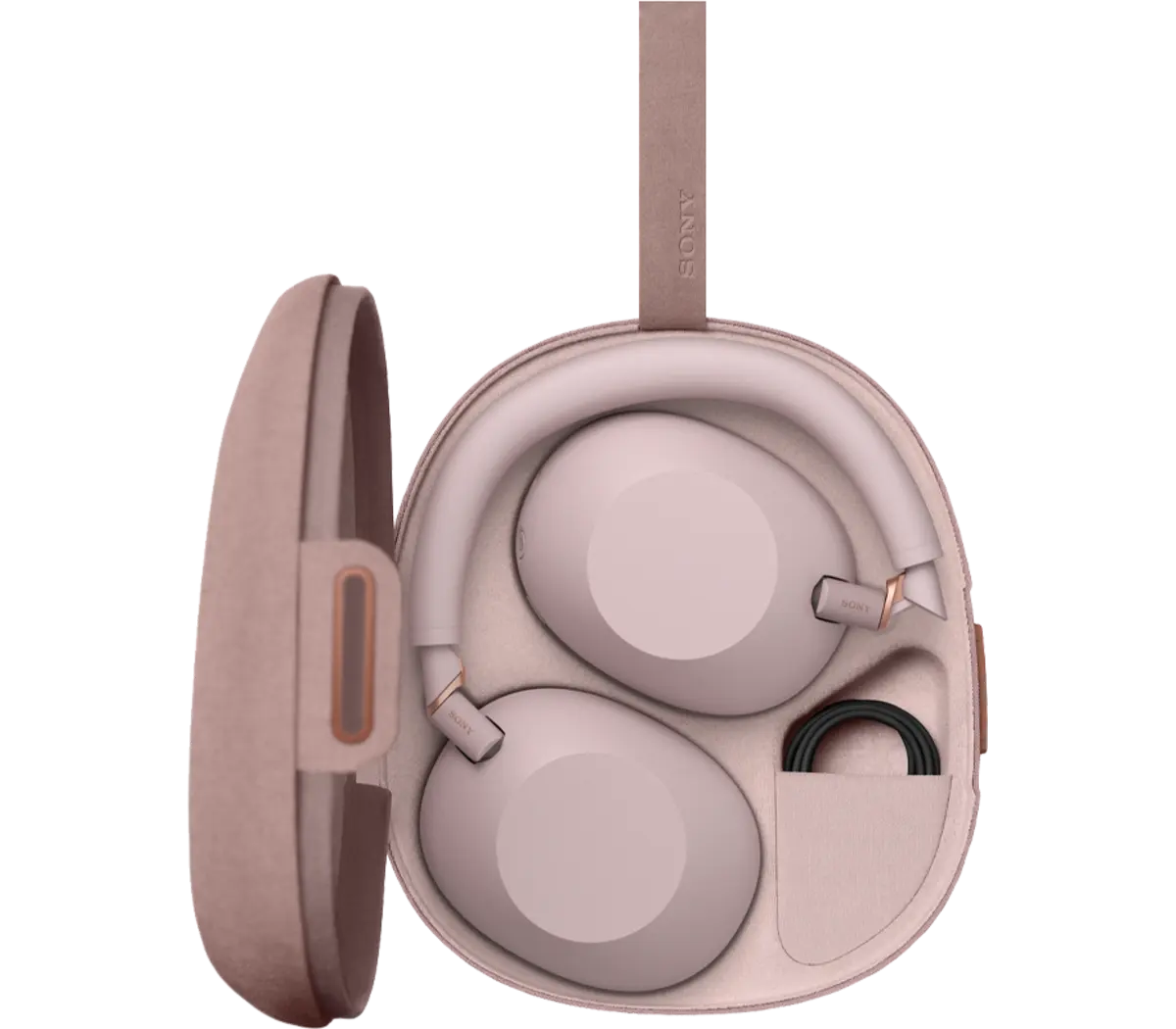 Sony WH-1000XM6 Sand Pink headphones folded neatly in their carrying case