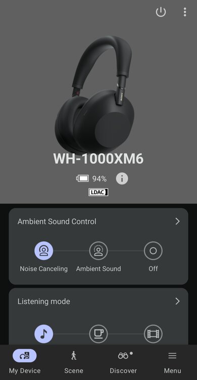 Screenshot of the Sony Headphones Connect app interface