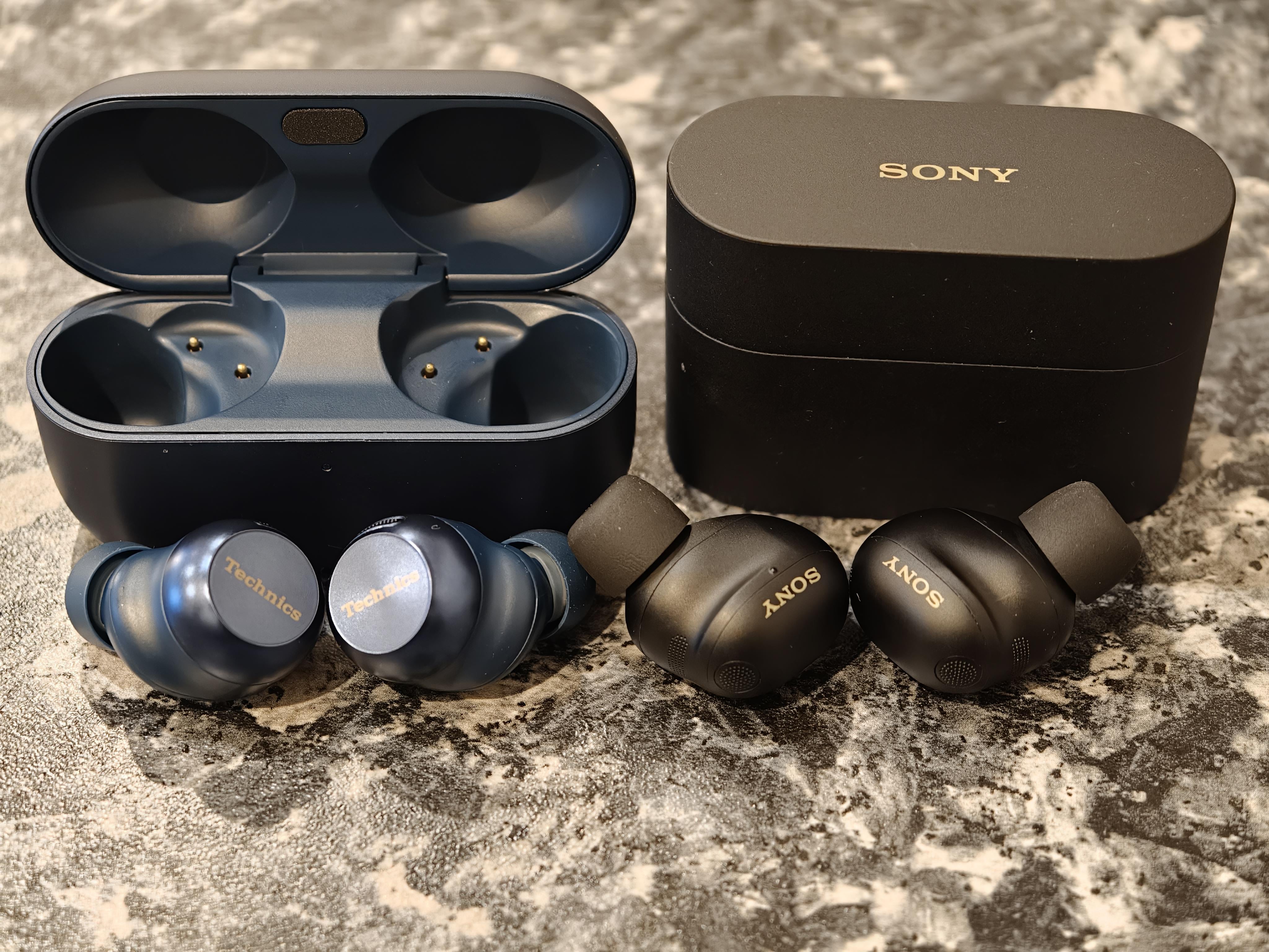 Close-up comparison showing a scratched bare WF-1000XM6 case next to a pristine one inside a leather case